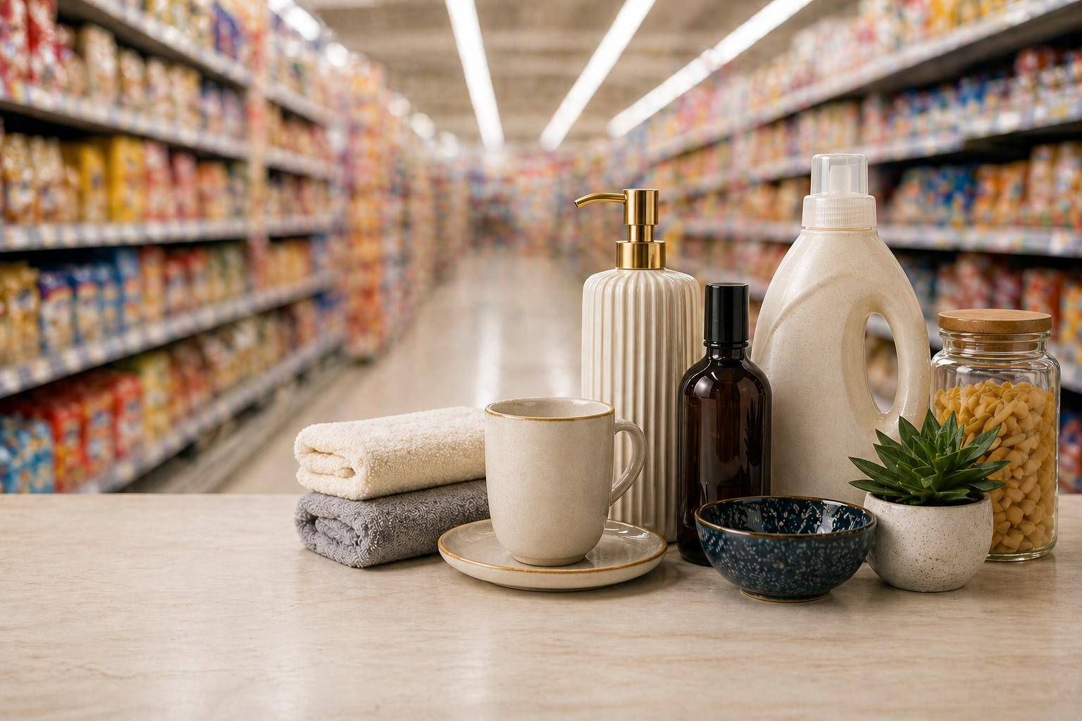Consumer goods placed in front of supermarket shelves